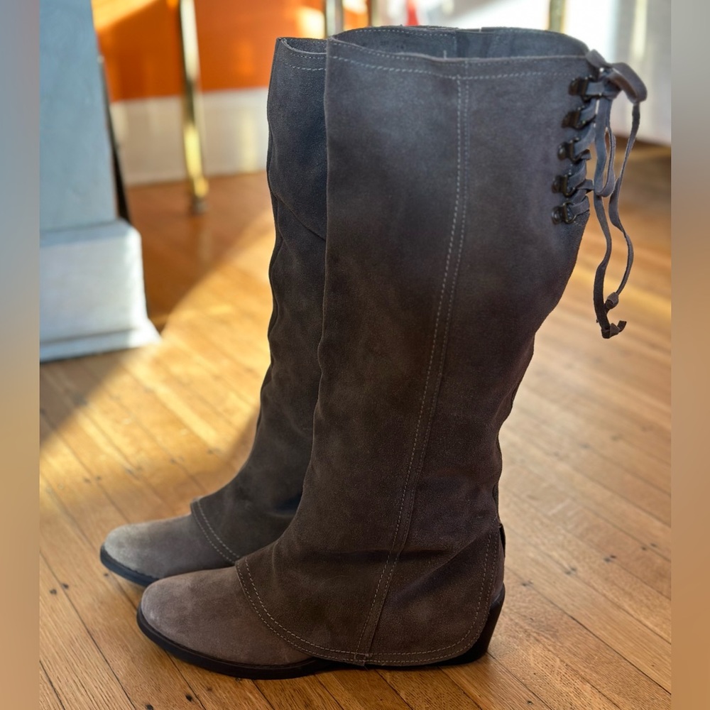 Naughty Monkey Taupe Knee High Suede Boots with Lace Corset Detail Size 7.5 NWOT